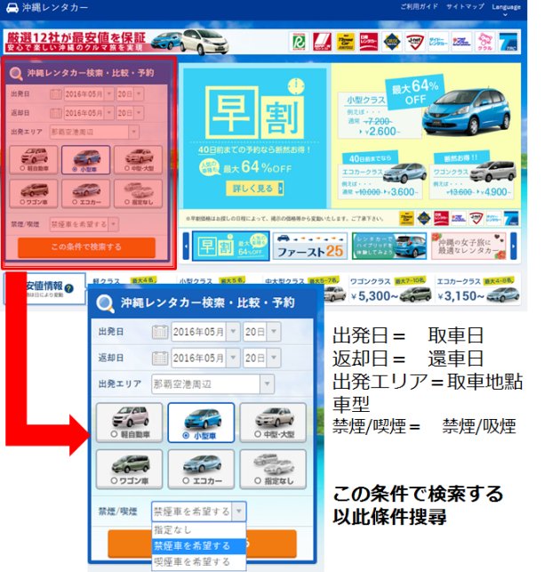 STEP1　首頁：選擇你希望的租車條件並進行搜尋