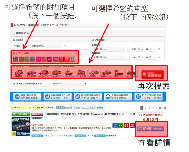 搜尋結果：從搜尋結果中選擇你希望的租車專案